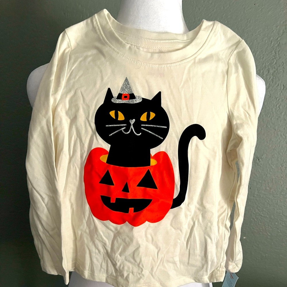 Kids 3t Halloween cat shirt. Long sleeve, off-white.